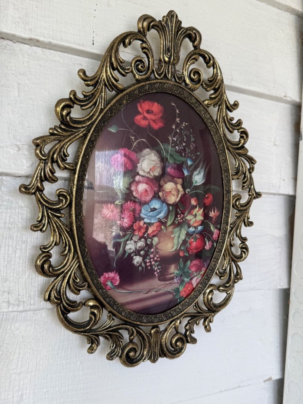 Vintage 1960s Italian Metal Frame Convex Glass Floral Bouquet Print 13x10" - Picture 11 of 11